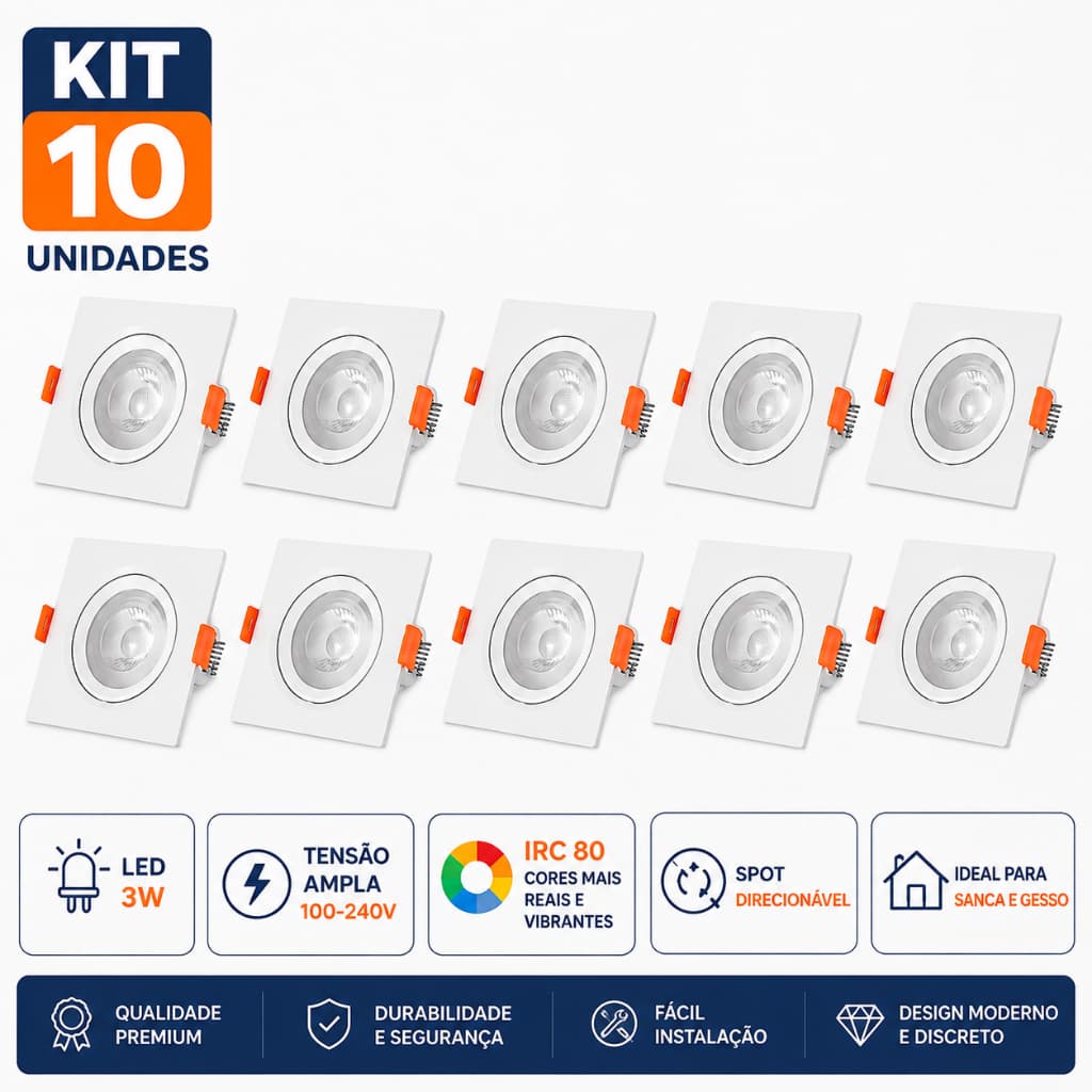 Kit 10 Spots Direcionáveis LED 3W Quadrados para Sanca e Gesso - Economia e Elegância!