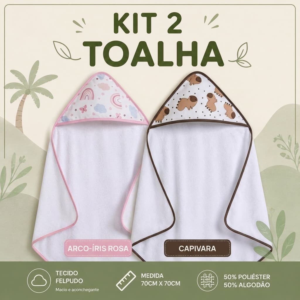 Kit 2 Toalhas de Banho Infantil com Capuz Felpuda para Bebê Menina Menino 70x70cm Enxoval Bebê