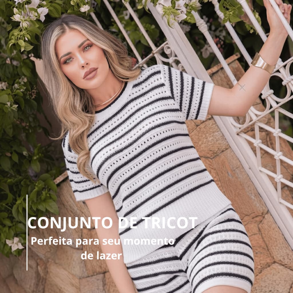 Conjunto Feminino Tricot Listrado Blusa Manga Curta + Shorts Moda Verão Elegante
