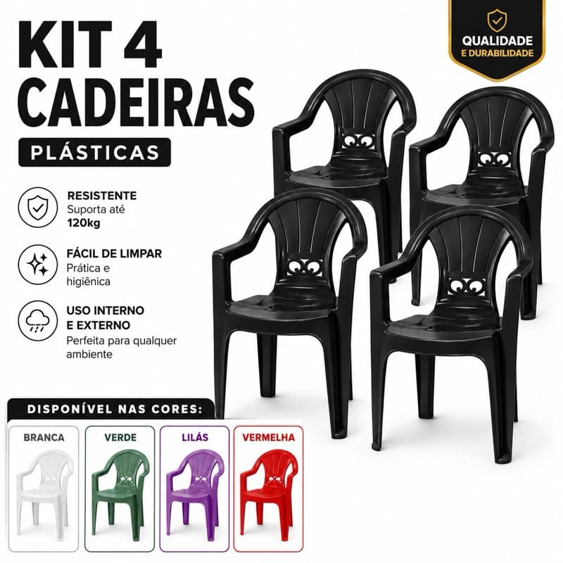 Kit 4 Cadeiras Plástica Poltronas c/ Braço Resistente Empilhável Para Eventos Festas Bar Restaurante Bistrô Área Externa