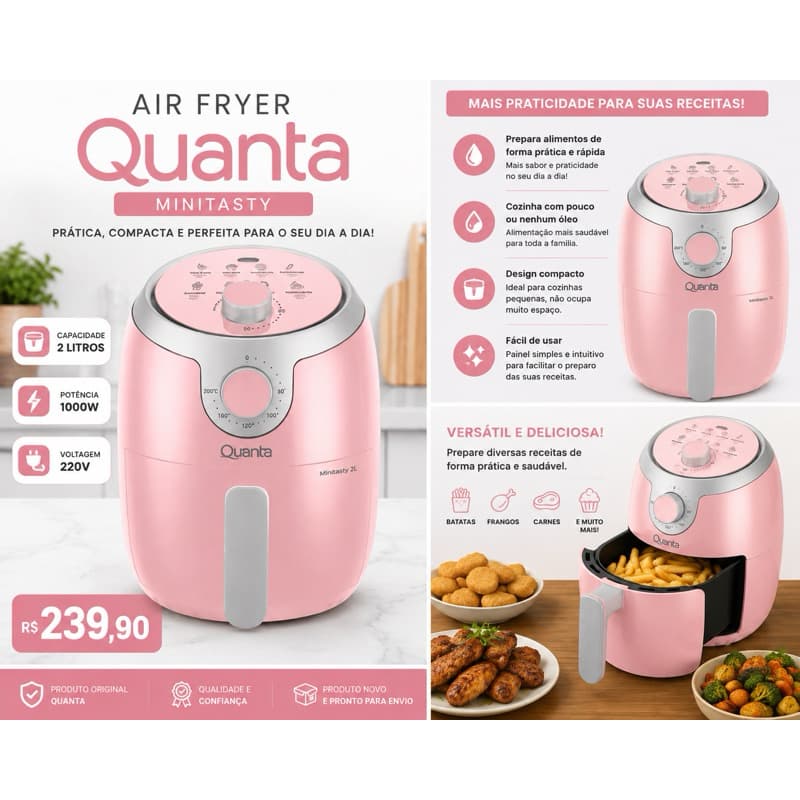 Fritadeira Air Fryer Quanta Minitasty 2L 1000W 220V Rosa QTAF230