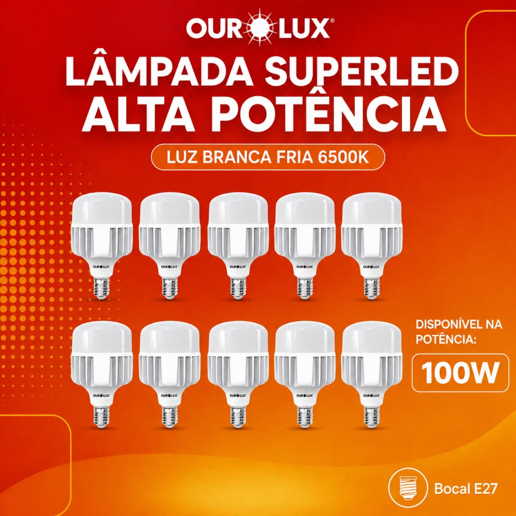 Kit 10 Lâmpada SuperLed Alta Potência T 100W 6500K Branca frio E27 Ourolux