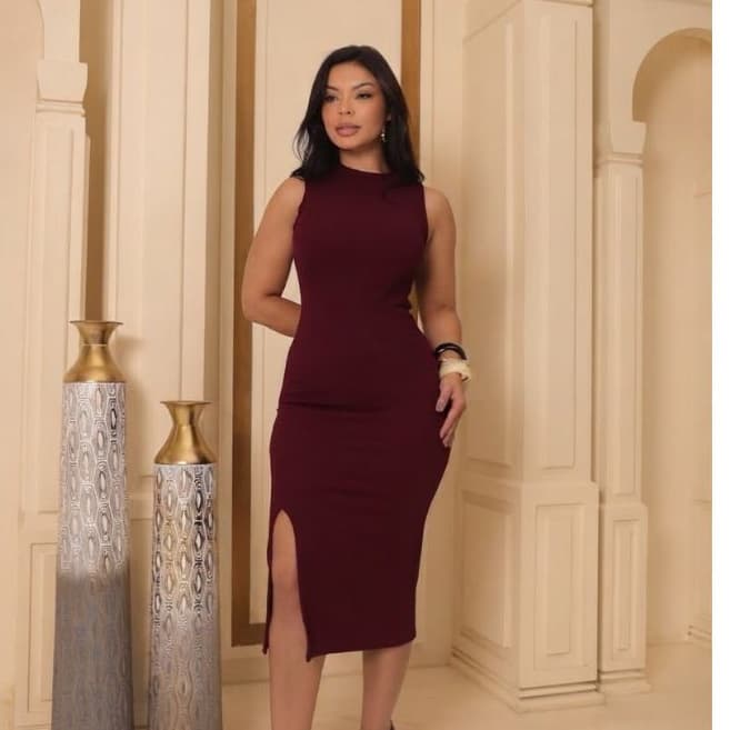 Vestido Midi Justo Regata Com Fenda Lateral Canelado Feminino Casual Festa Elegante Moderno P ao GG