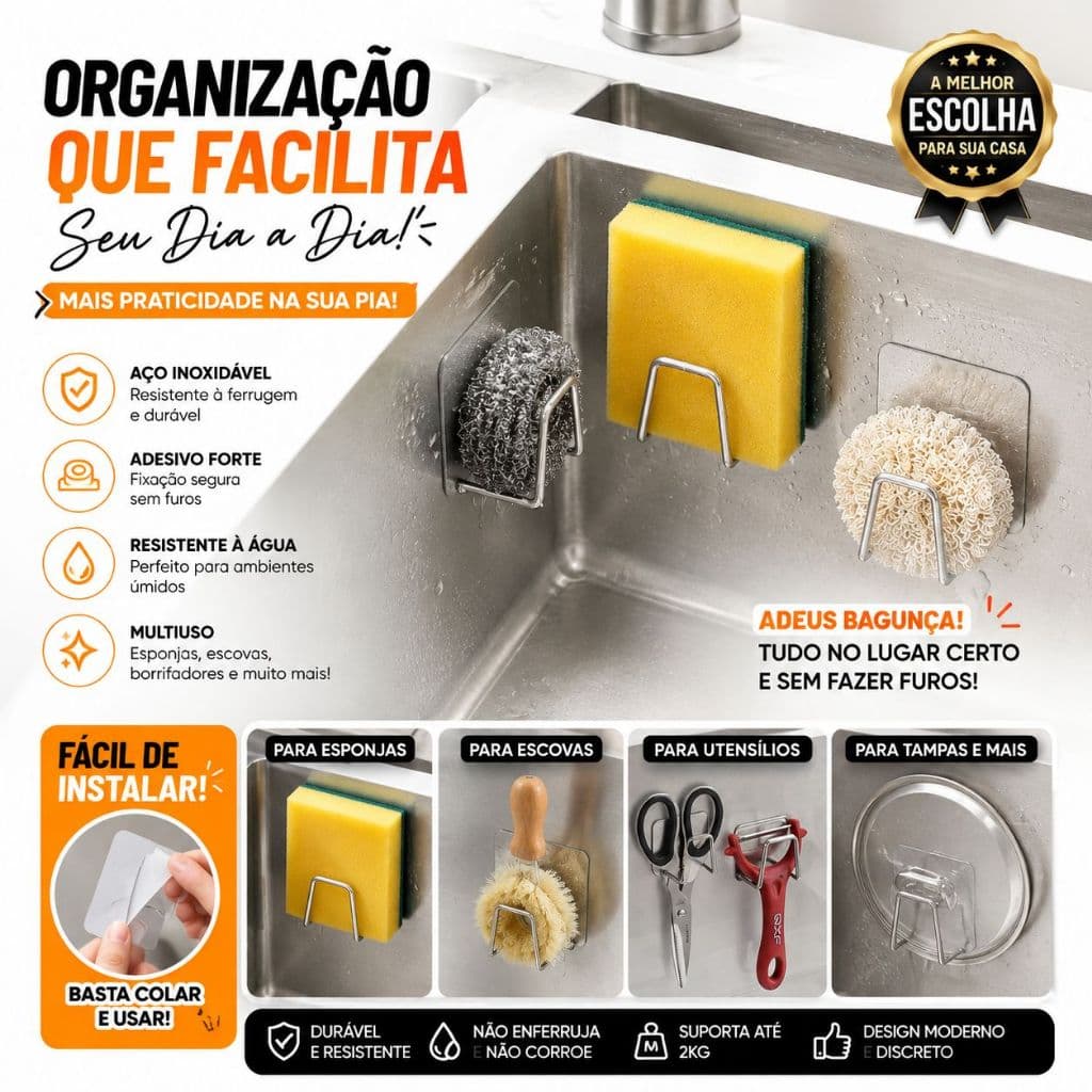 1 á 3 Peças De Suporte Para Esponja De Pia Gancho Cozinha Aço Inox Bucha Banheiro Multifuncional Organizador Utensílio