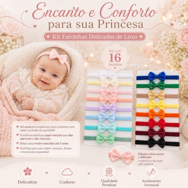 Kit 16 Faixinhas para Bebê Menina | Lacinhos Delicados, Macios e Confortáveis | Acessório Infantil