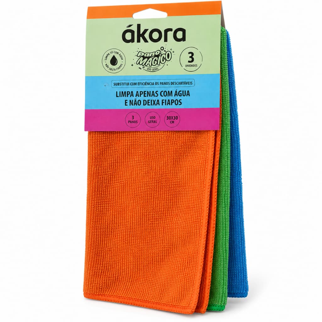 Ákora - Kit Pano Mágico Microfibra, 3 panos Limpeza Multiuso Não Solta Fiapos