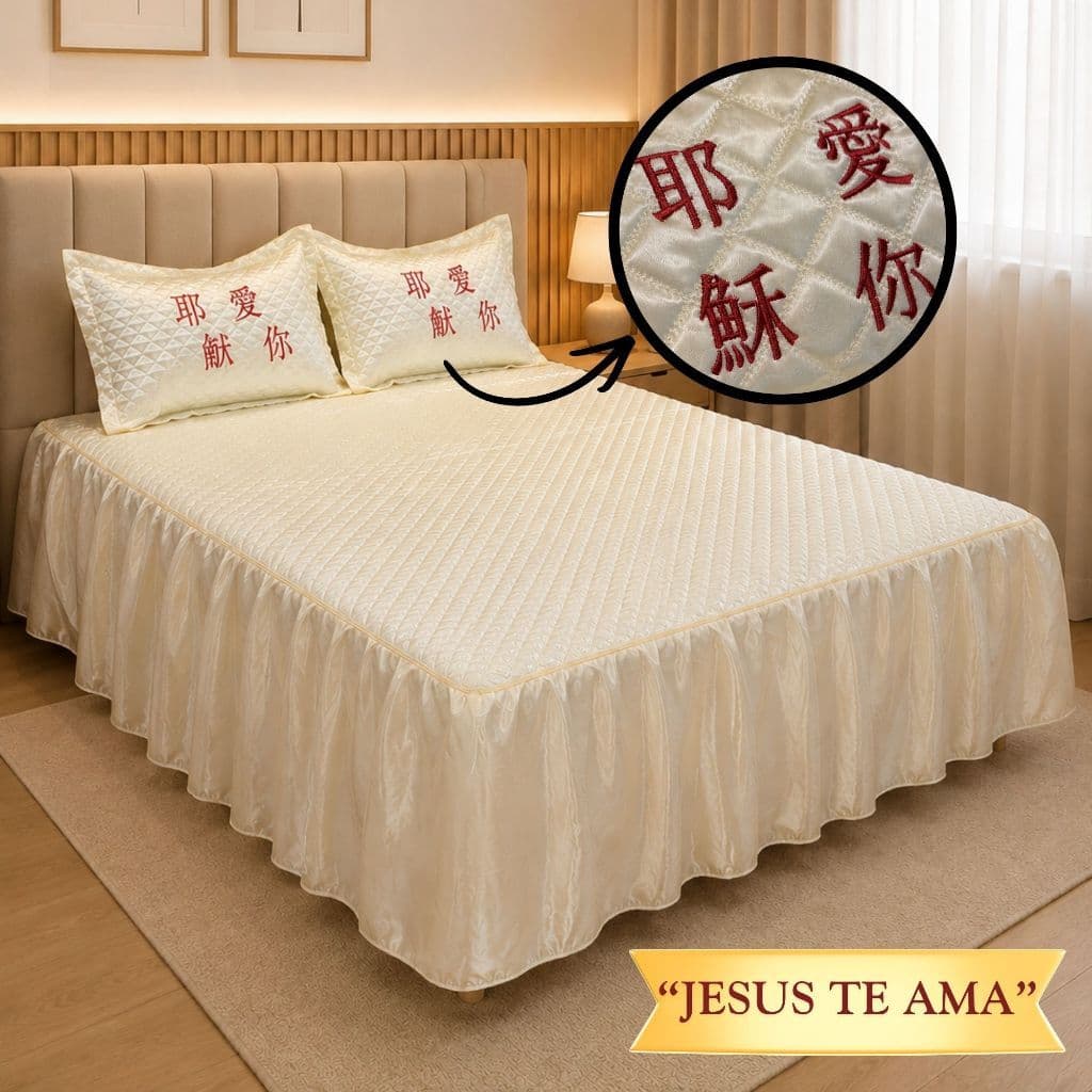 Kit Colcha Cetim JESUS TE AMA em MANDARIM Matelado Casal Solteiro Babado Fronha Bordada