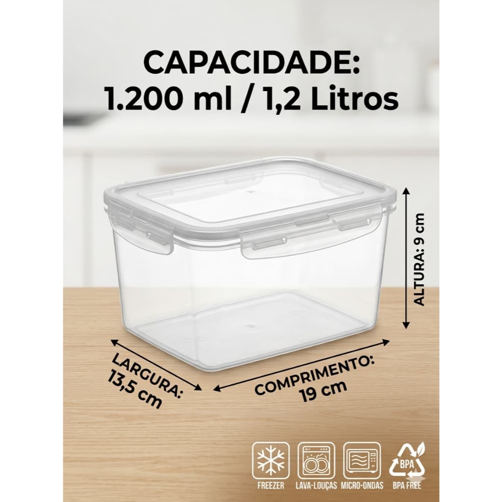Pote Hermético 1,2L Retangular com Tampa e 4 Travas para Alimentos Cozinha Organização