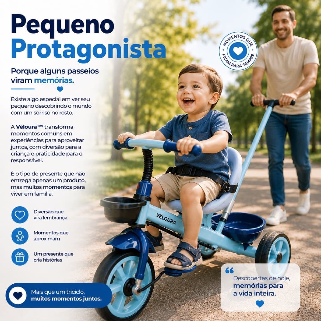Triciclo Infantil Véloura™ com Empurrador e Pedal para Passeio Azul