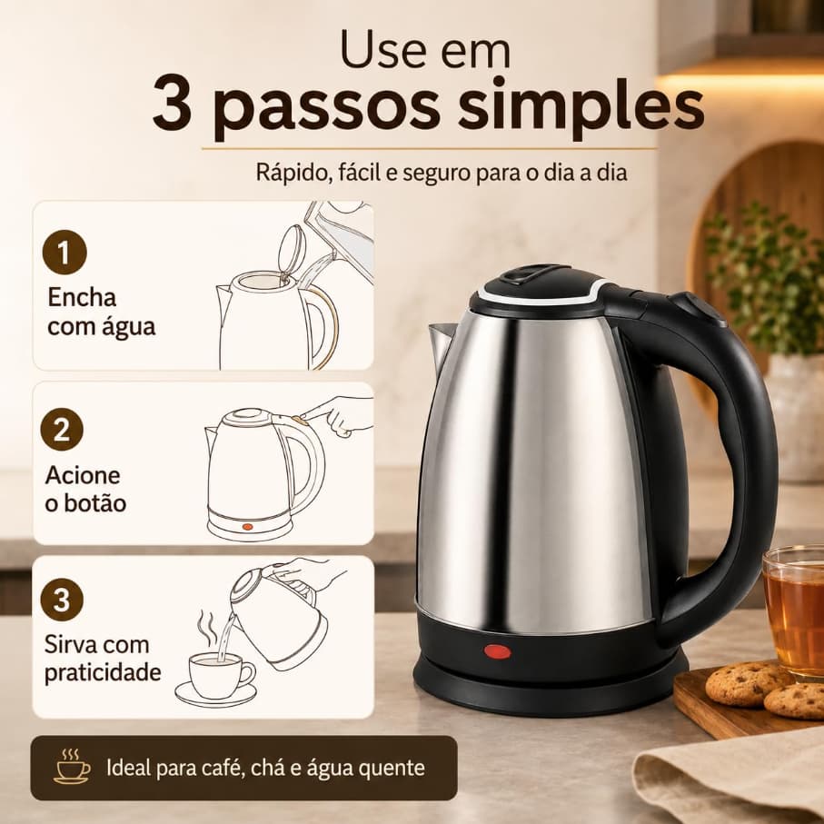 Chaleira Elétrica 2 Litros Inox 1000W Jarra Elétrica 127V 220V Desligamento Automático Base 360°
