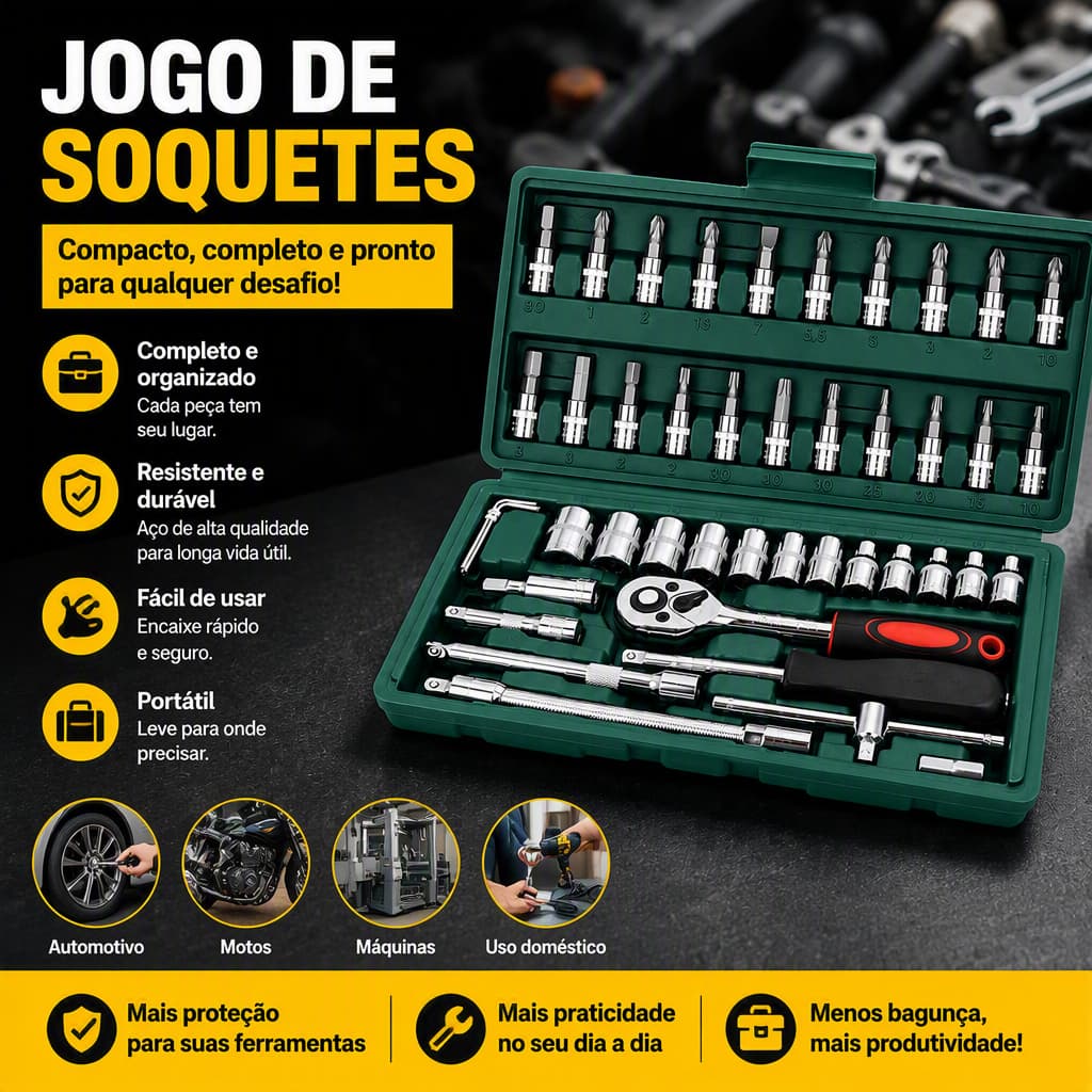 Kit Ferramentas Completo Jogo de Chave Soquetes 46 Peças 1/4" Chave Catraca Bits Allen Torx Maleta Ferramentas Mecânica