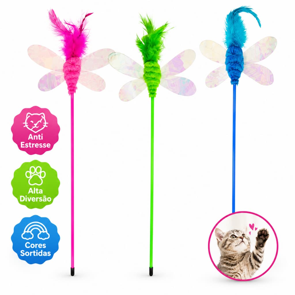 Varinha Borboleta Shine para Gatos com Penas Brinquedo Interativo Anti Estresse Cores Sortidas