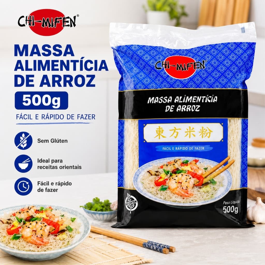 Macarrão de Arroz Chi-Mifen 500g Sem Glúten Massa Oriental Fácil e Rápida de Preparar