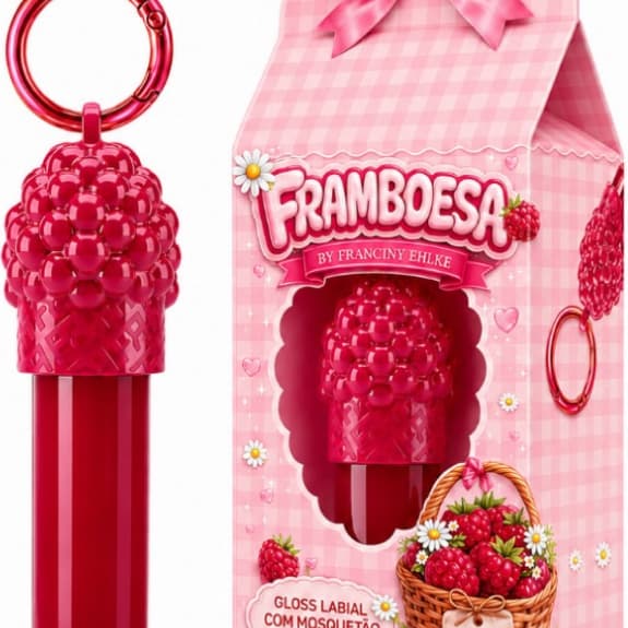 Gloss Labial Framboesa com Pingente By Fran | Brilho Intenso | Efeito Glossy