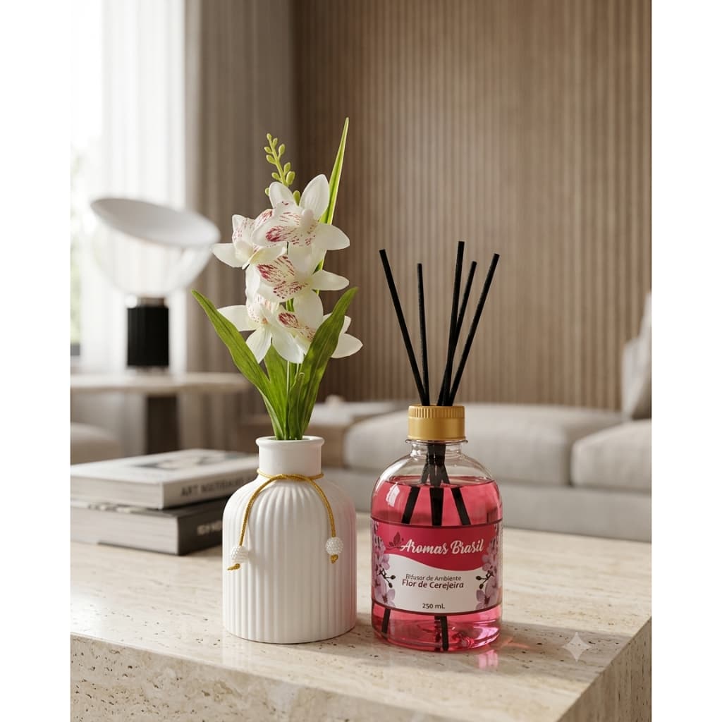 Vaso Decorativo Com Orquídea Artificial + Difusor De Ambiente 250ml