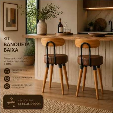Kit Banqueta Baixa Cadeira Cozinha Mesa Jantar Bancada Encosto Ergonomico Pé Palito Industrial Moderna