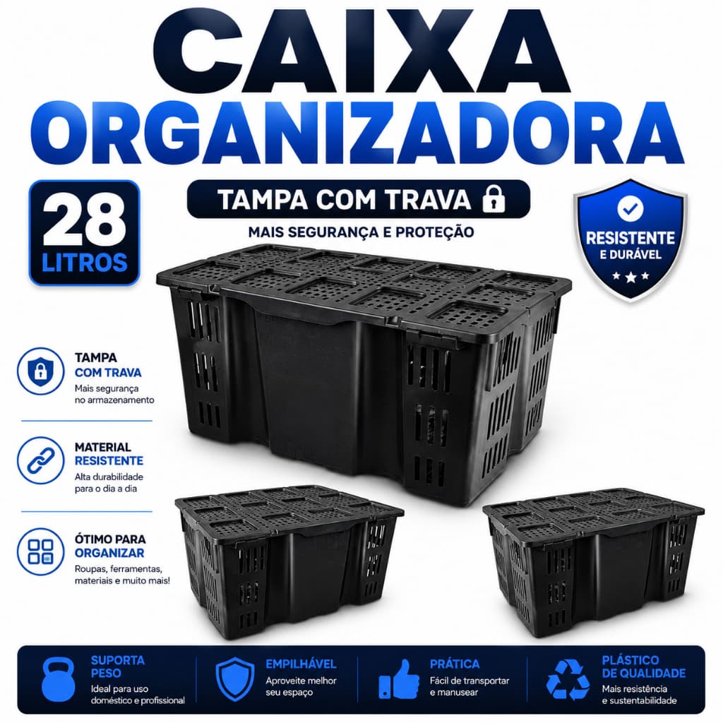 Kit 3 Caixas Organizadora Container Preta Com Tampa e Trava 28 Litros Cesto Organizador Preto