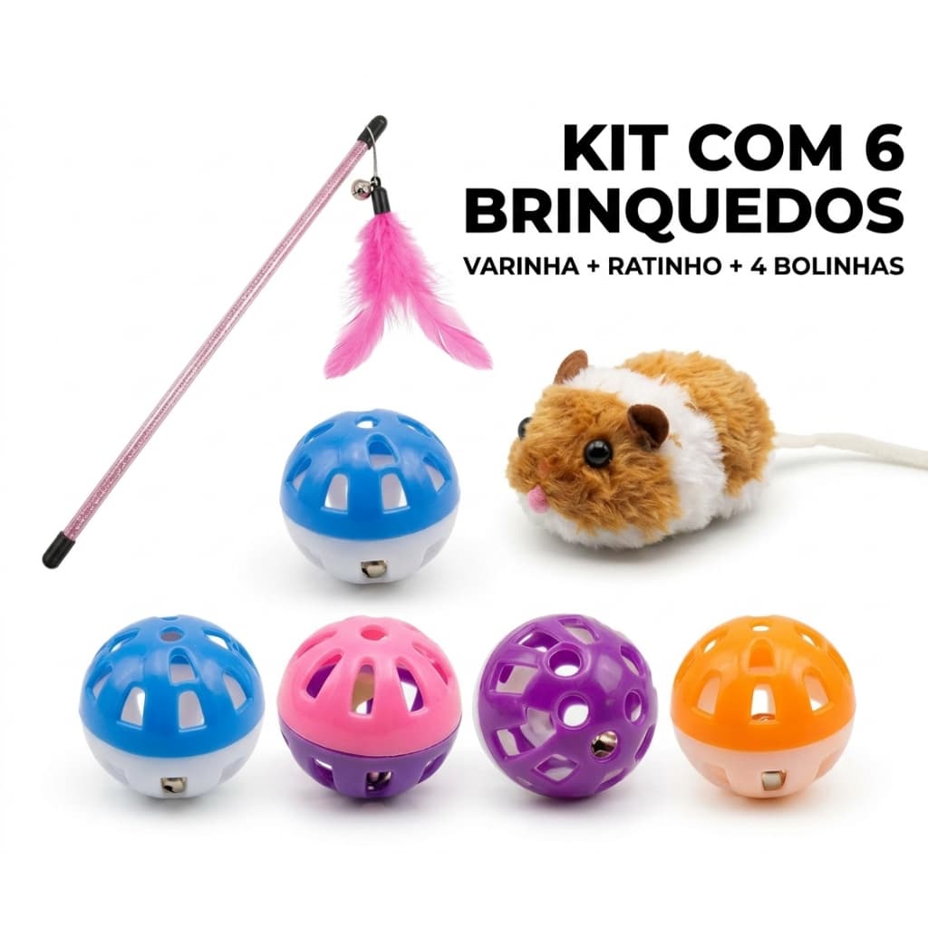 Brinquedo Gato Kit Varinha Ratinho Vibratório 4 Bolinhas