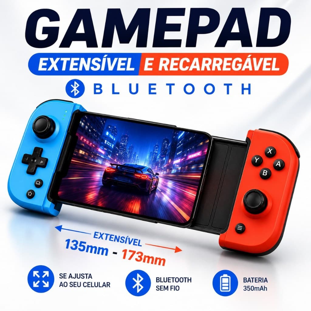 Gamepad Bluetooth 5.0 para Celular Extensível Recarregável Bateria 350mAh iOS Android