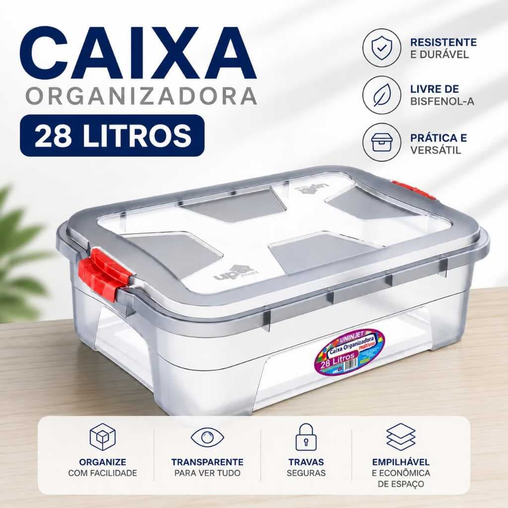 Organizador 28 Litros Caixa Organizadora Transparente Com Tampa Travas Seguras Caixa Organizadora