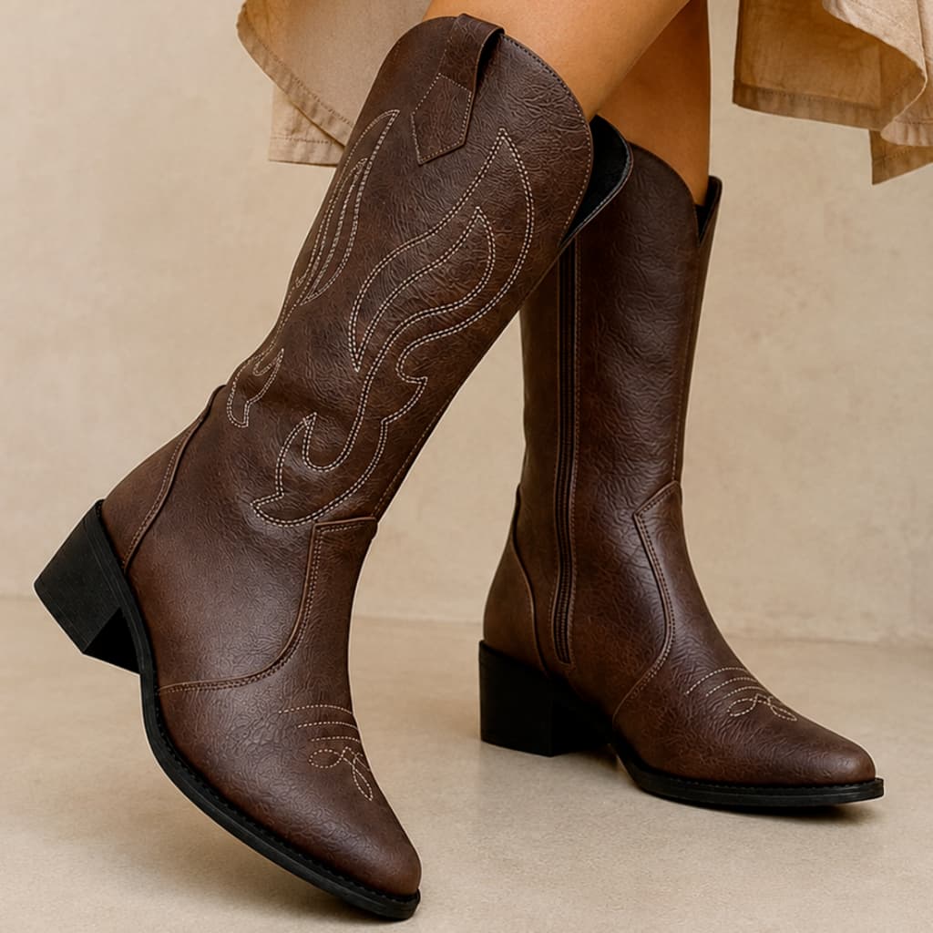 Bota Texana Feminina Marrom Cano Alto Country Boiadeira Bordada Tendencia Rodeio