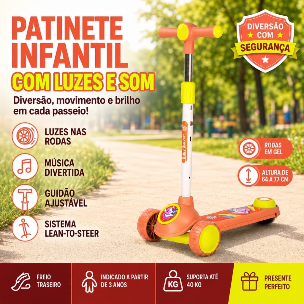 Patinete Musical Infantil de Metal Com LED nas Rodas Guidão Ajustável para Crianças - Laranja