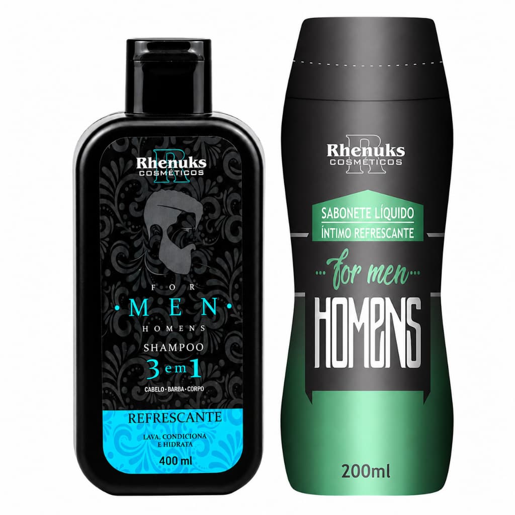 Kit Masculino Rhenuks Shampoo 3 em 1 Cabelo Barba Corpo 400ml + Sabonete Íntimo Homens 200ml