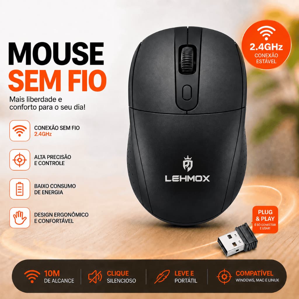 Mouse Sem fio Wireless Ergonômico 2.4G/BT Lehmox Recarregável Tipo-C Silencioso Bluetooth