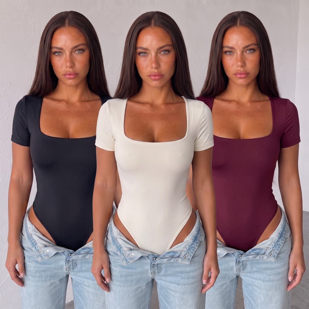 KIT BODY FEMININO MANGA CURTA MODELADOR SEGUNDA PELE DECOTE QUADRADO ELEGANTE CASUAL BLUSA FEMININA ESTILOSA