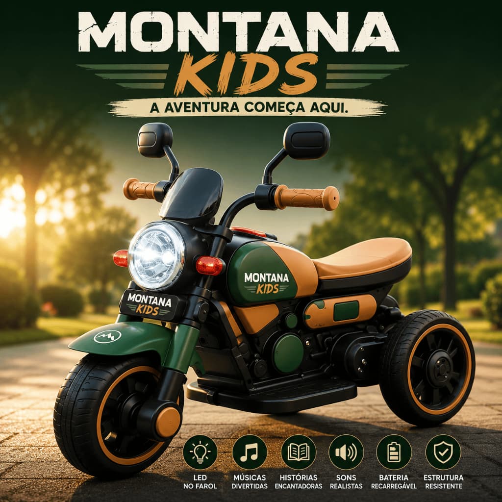 Moto Eletrica Infantil Retro Verde Montana Kids Com Luz Led Musica Historias Sons Bateria Recarregavel