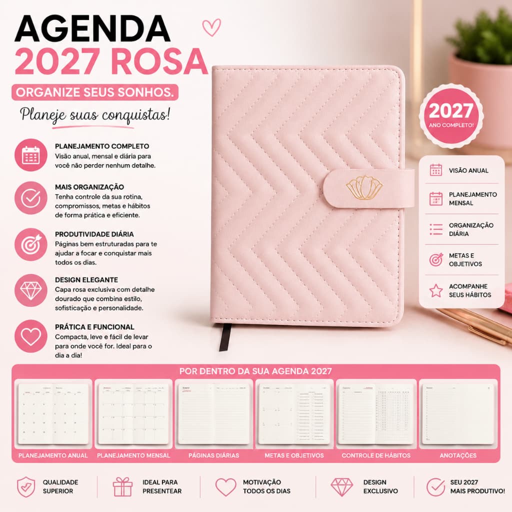 Agenda 2027 Rosa – Planejamento Anual, Organização Diária e Mensal para Facilitar Sua Rotina