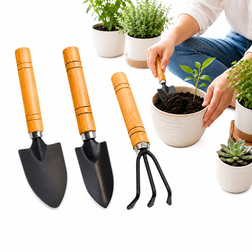 Kit 3 Peças Ferramentas Jardinagem 2 Pás e 1 Rastelo para Jardim Horta Vasos Plantas Cultivo Cavar Terra Cabo de Madeira