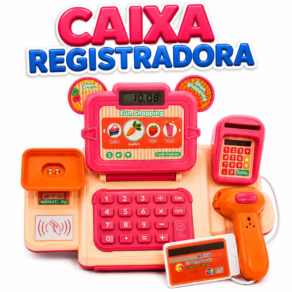 Caixa Registradora Infantil com Som, Scanner e Acessórios – Mercadinho Faz de Conta 3+
