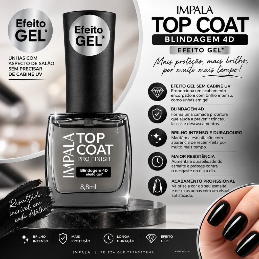 Esmalte Impala Top Coat Pro Finish Blindagem 4D Efeito Gel