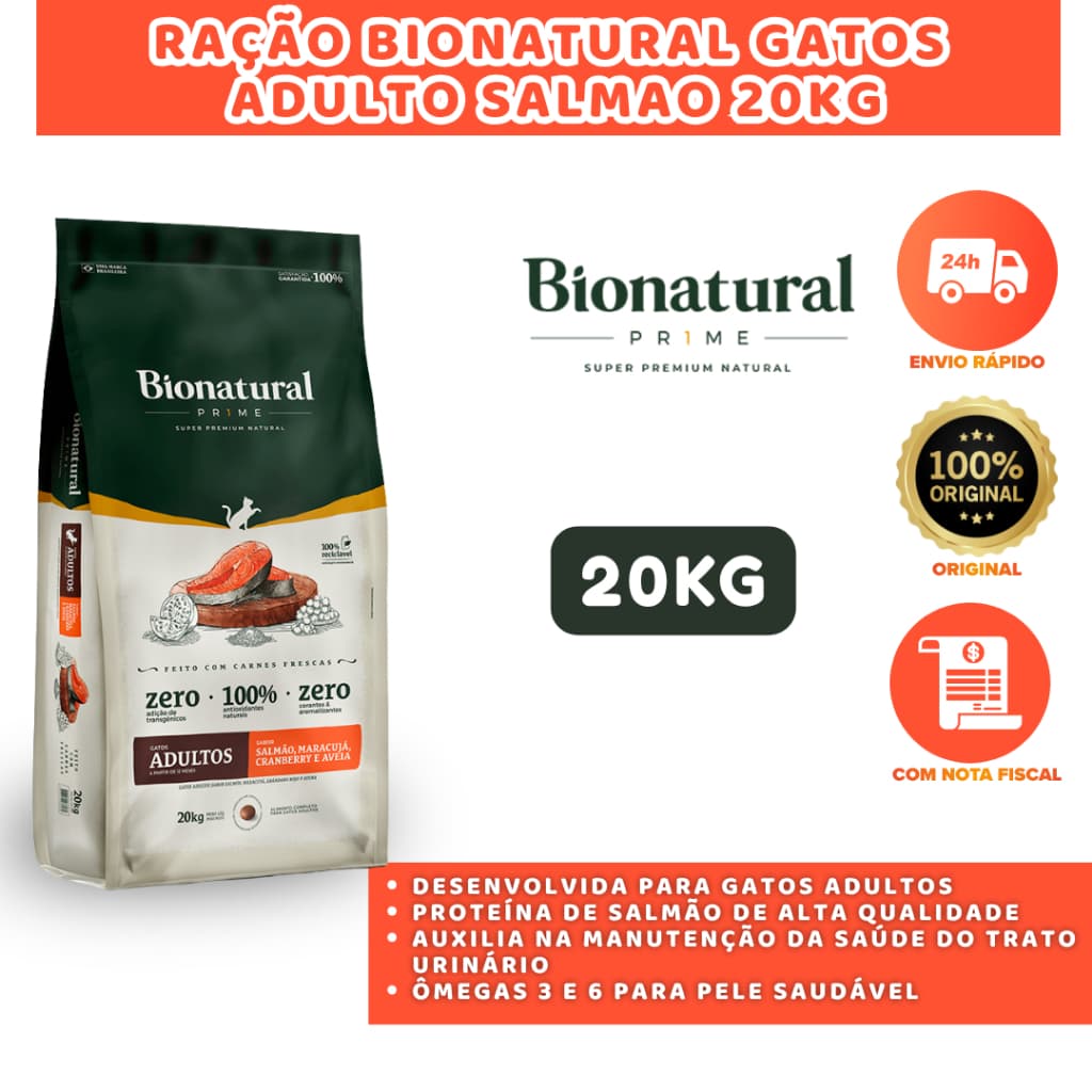 RAÇÃO BIONATURAL GATOS ADULTO SALMAO 20KG RICA EM PROTEÍNAS NATURAIS