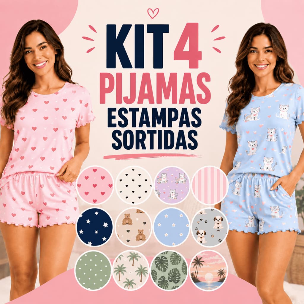Kit 4 Conjuntos Pijama Feminino Verão Viscose Fresquinho Estampado Sortido Sono Confortável P M G GG