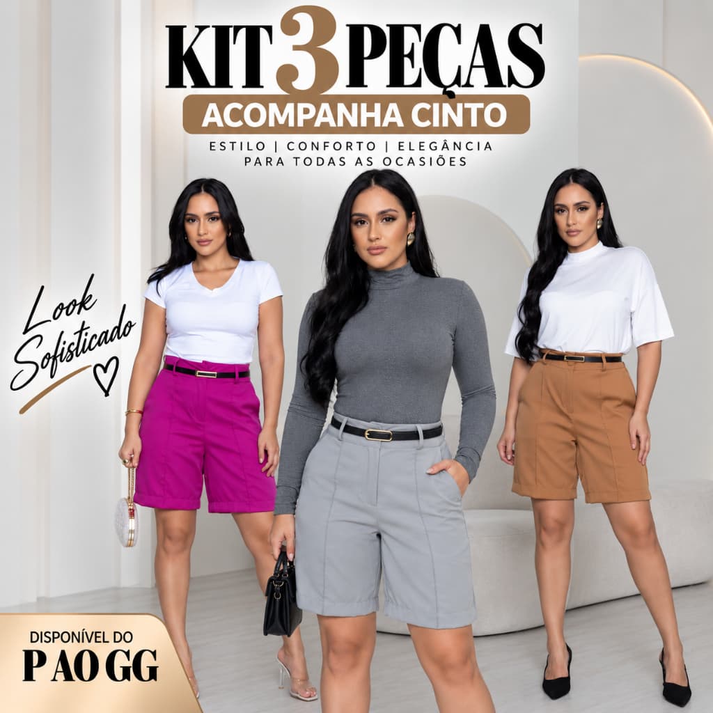 Kit 3 Short Bermuda Alfaiataria Feminino