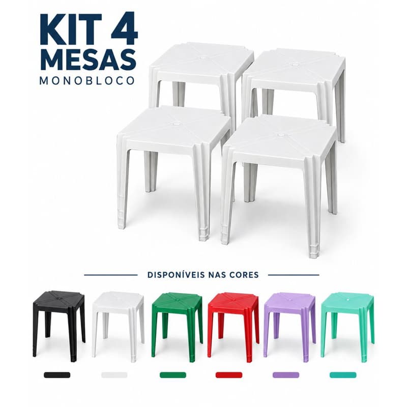 Kit 4 Mesas Monobloco 70cm Plásticas Resistentes Empilháveis Jardim Varanda Área Externa Bar Eventos