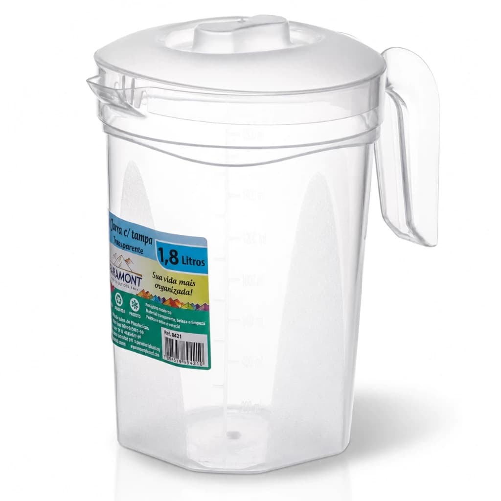 Kit 5 Jarras Plástica Transparente 1,8 Litros Tampa Alça Suco Água Graduada Buffet Festa Eventos