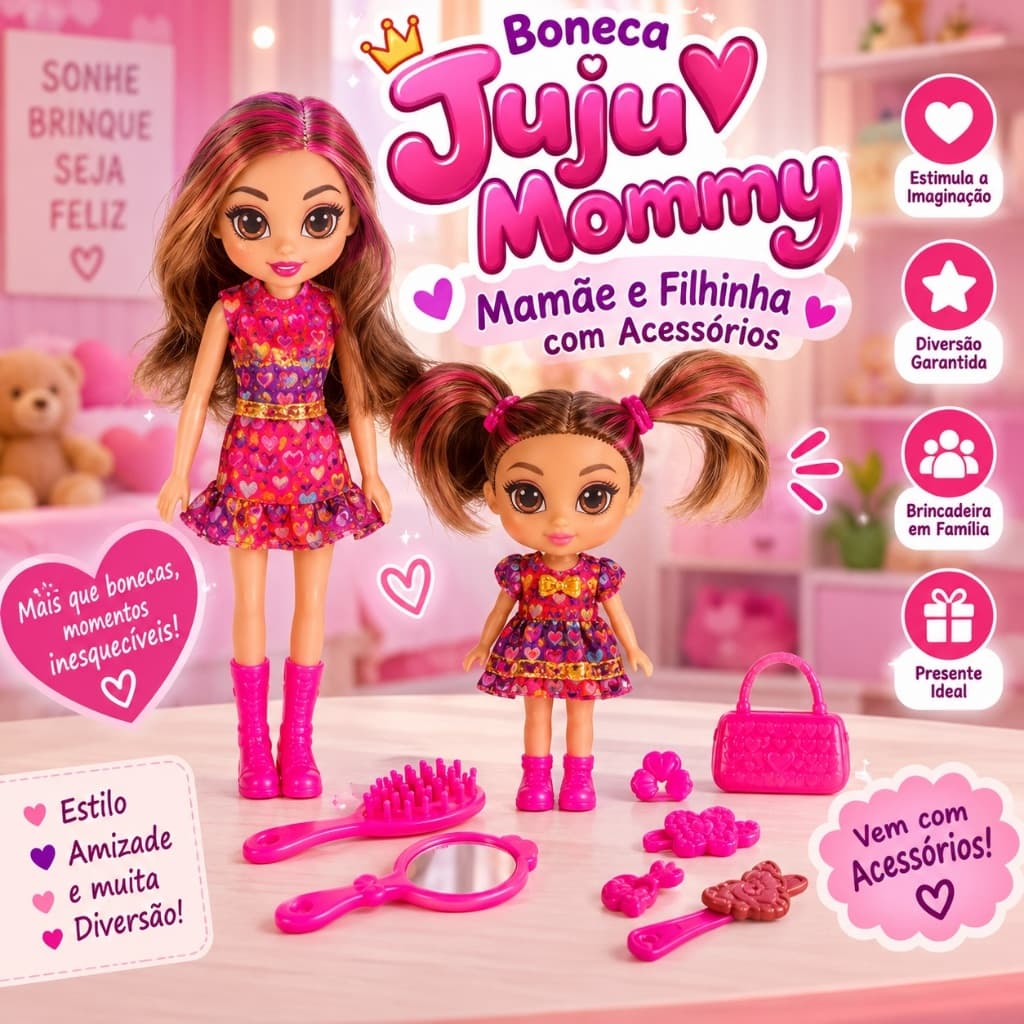 Boneca Juju Mommy Mamãe e Filhinha com Acessórios Kit Infantil Brinquedo de Faz de Conta para Meninas