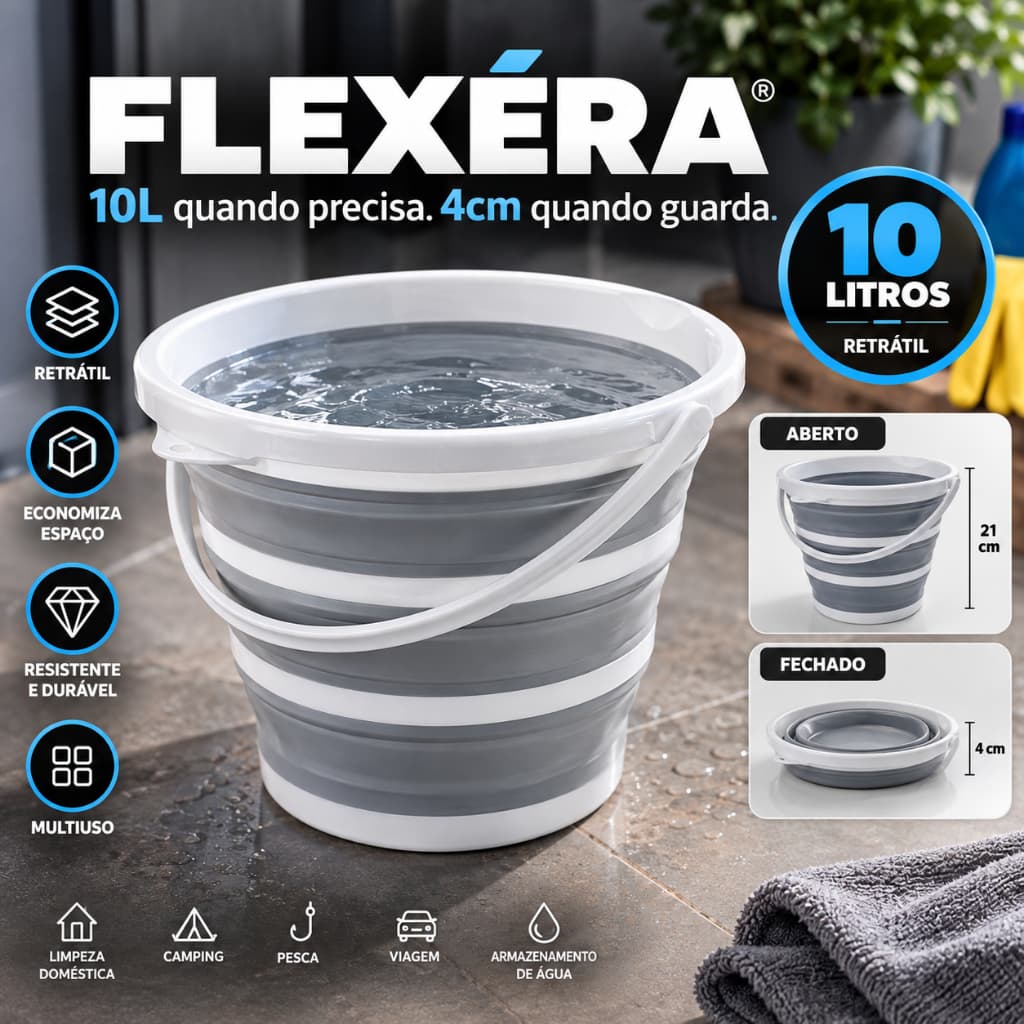 Balde Retrátil de Silicone FLEXÉRA 10L Dobrável Compacto Multiuso para Limpeza Camping Pesca