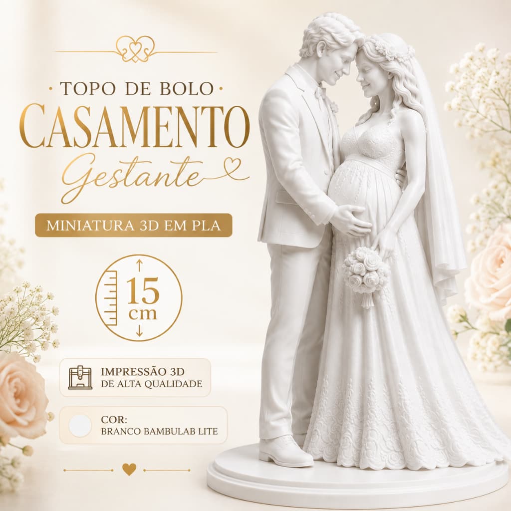 Topo de Bolo Casamento Noivinhos 3D Casal Noivos Bodas | 10-15-20cm | Branco ou Perolado | Noiva gravida filho à caminho