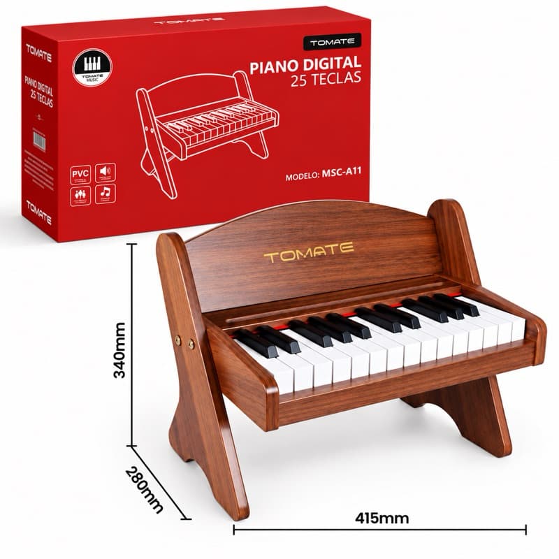 Piano Digital Infantil Tomate 25 Teclas Acabamento em Madeira Teclado Musical Infantil