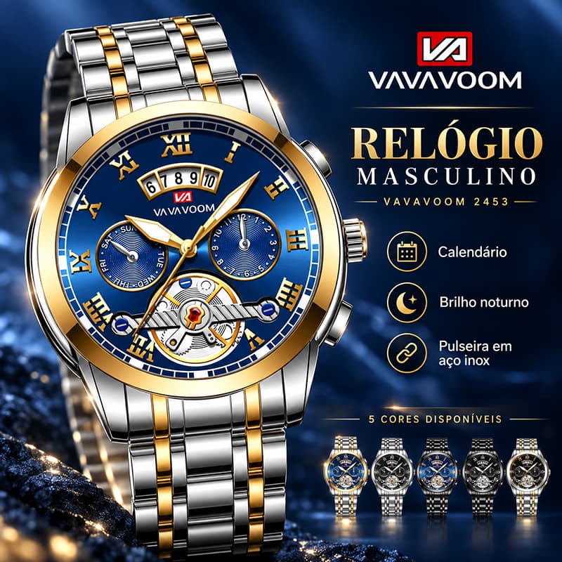 Relógio Masculino VAVAVOOM Luxo Quartzo Aço Inoxidável 30M Calendário Duplo Luminoso