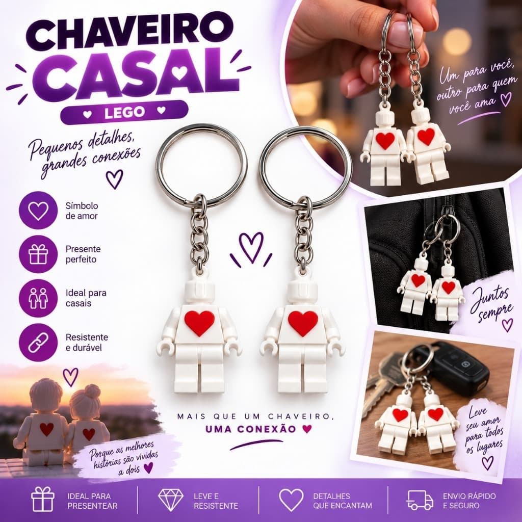 Kit 2 Chaveiros Casal Best Friends Bonequinhos Lego Coração Amizade Presente