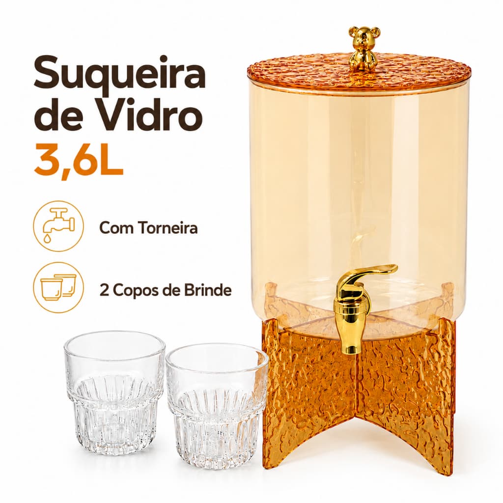 Kit Suqueira de Vidro 3,6L com Torneira + 2 Copos e Base Removível Dispenser de Bebidas para Suco Água Mesa Posta