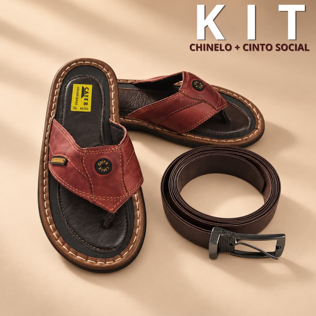 Kit Masculino Cater Social Chinelo de Dedo em Couro + Cinto Cor Pinhão – Conjunto Masculino