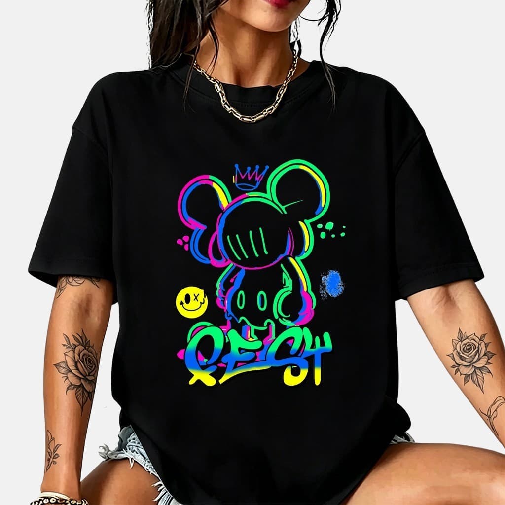 Camiseta Feminina Algodão Puro Estampa Grafite Rato com Coroa, Blusa Macia Respirável, Camisa Estética Hip Hop