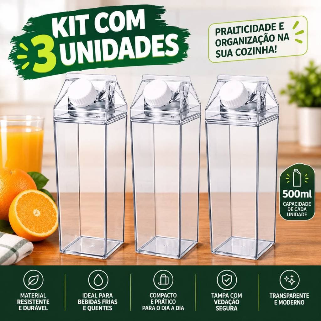Kit 3 Garrafas Formato Caixa De Leite Suco Agua C/tampa 500ml Transparente Organizador Geladeira