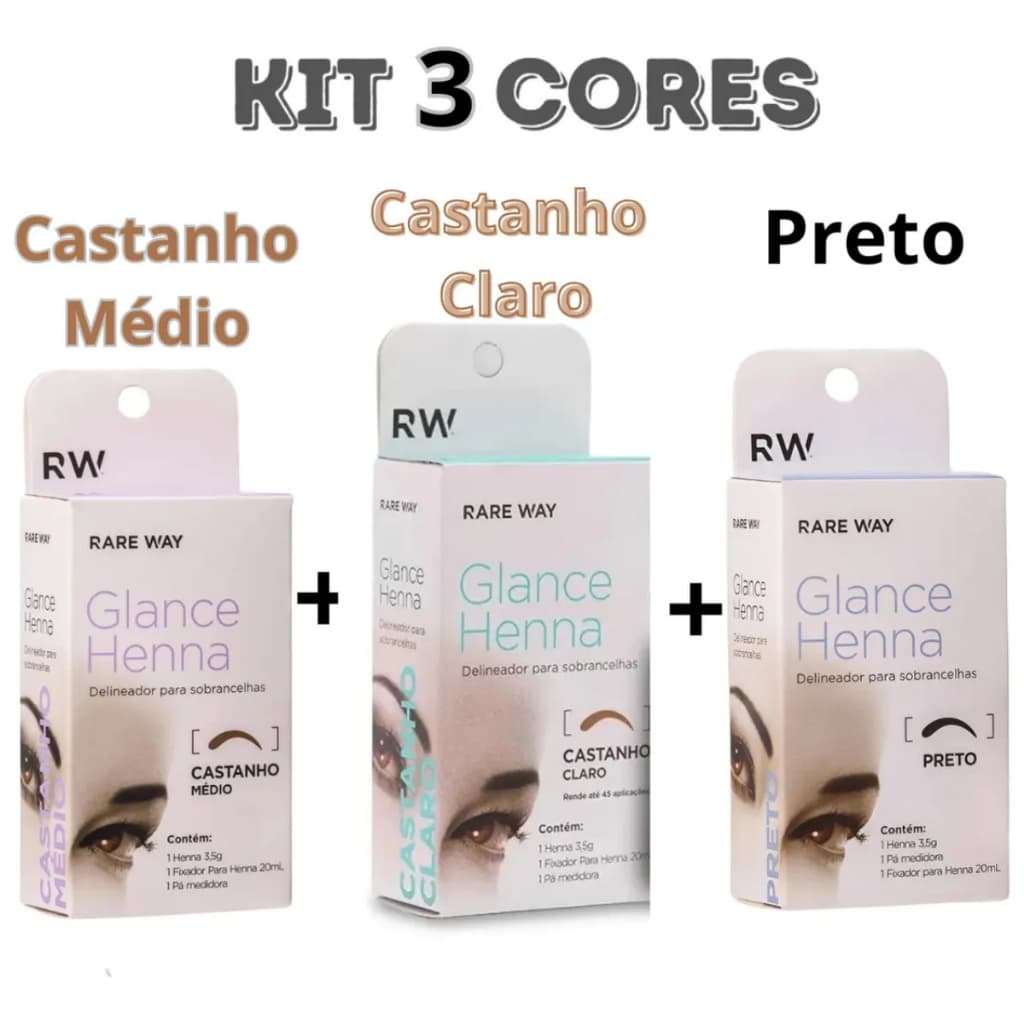 Kit 3 Cores Henna Sobrancelha Glance - Rare Way - Preto - Castanho Médio - Castanho Claro